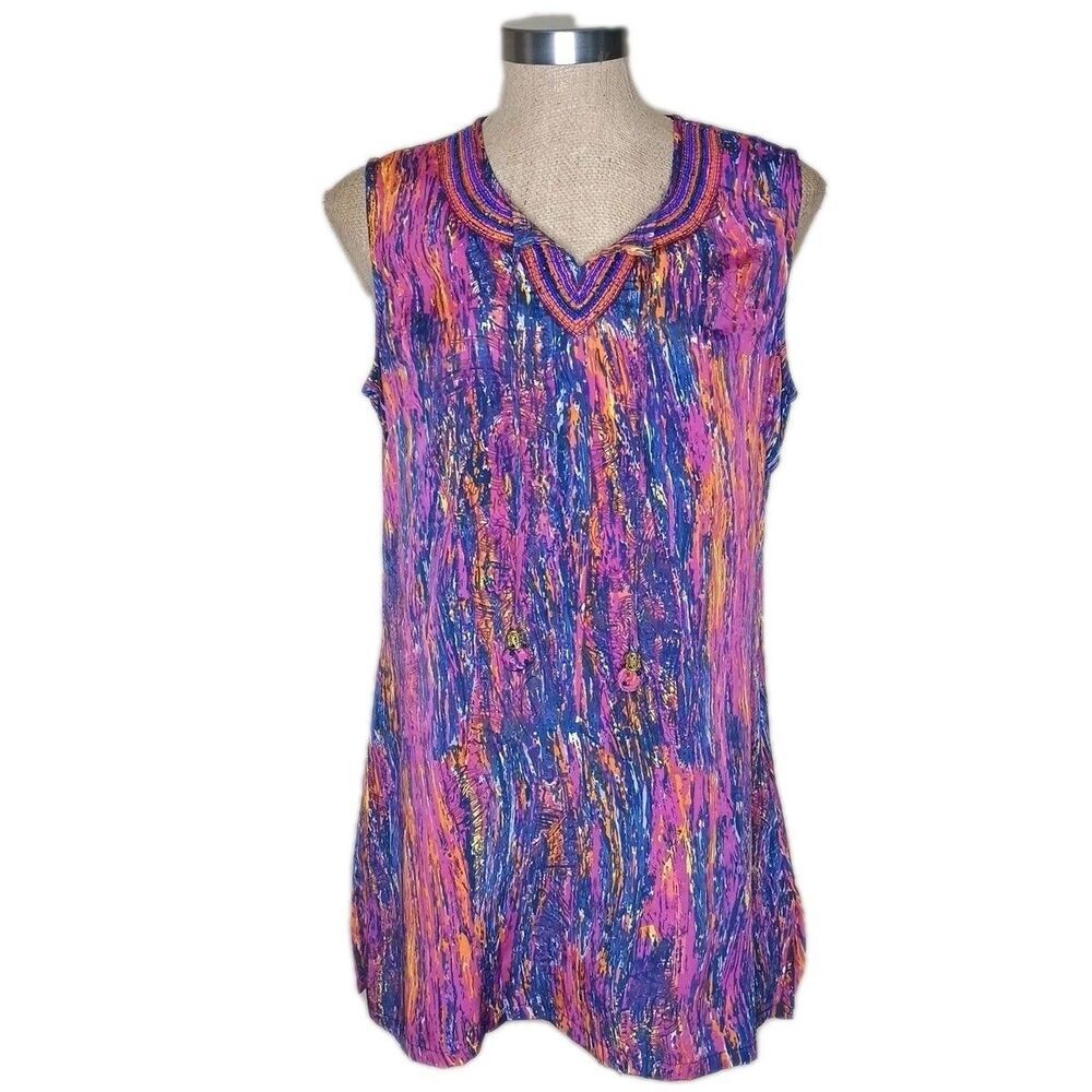 Susan Graver Tunic Blouse Womens Sz S Purple Pink Abstract Print Beaded Tassels